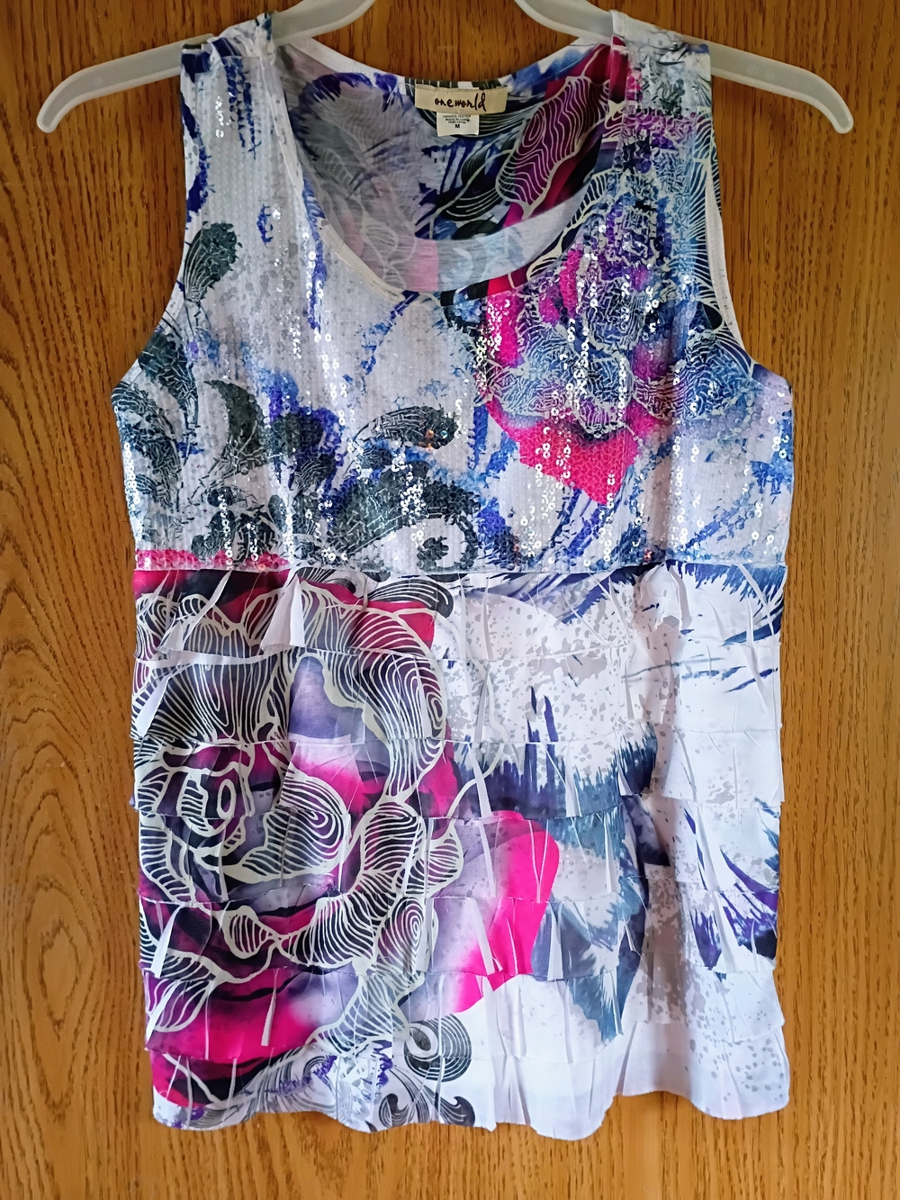 ONE WORLD Sequin Floral Tank in Pink & Blue